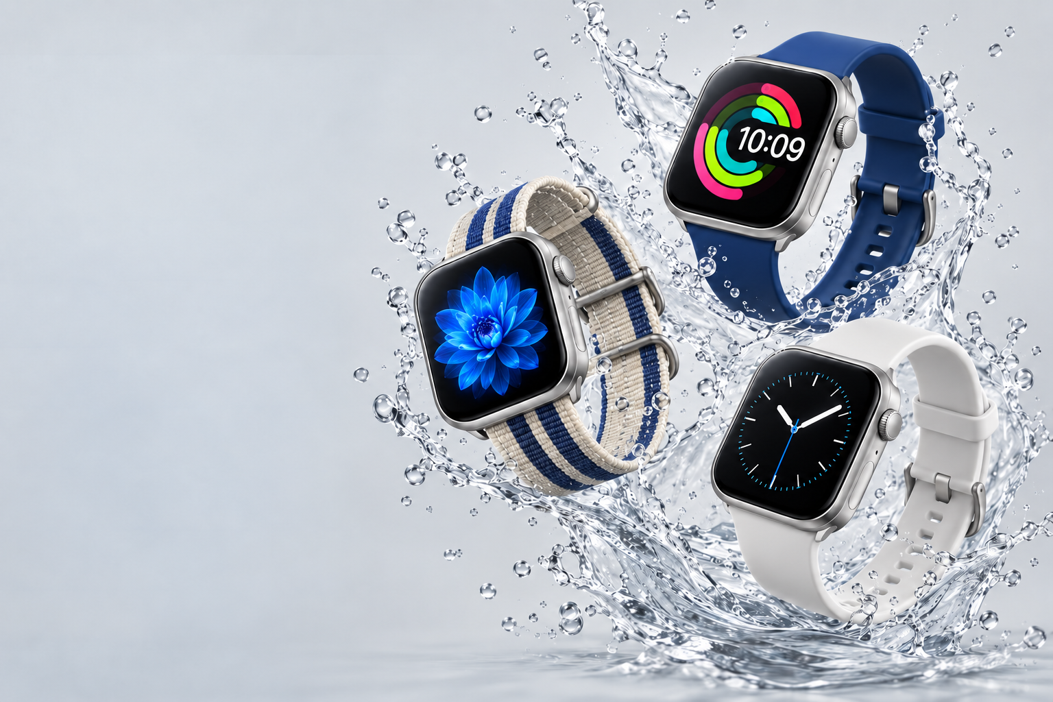 Floating blue, white and striped smartwatches with a splash of water