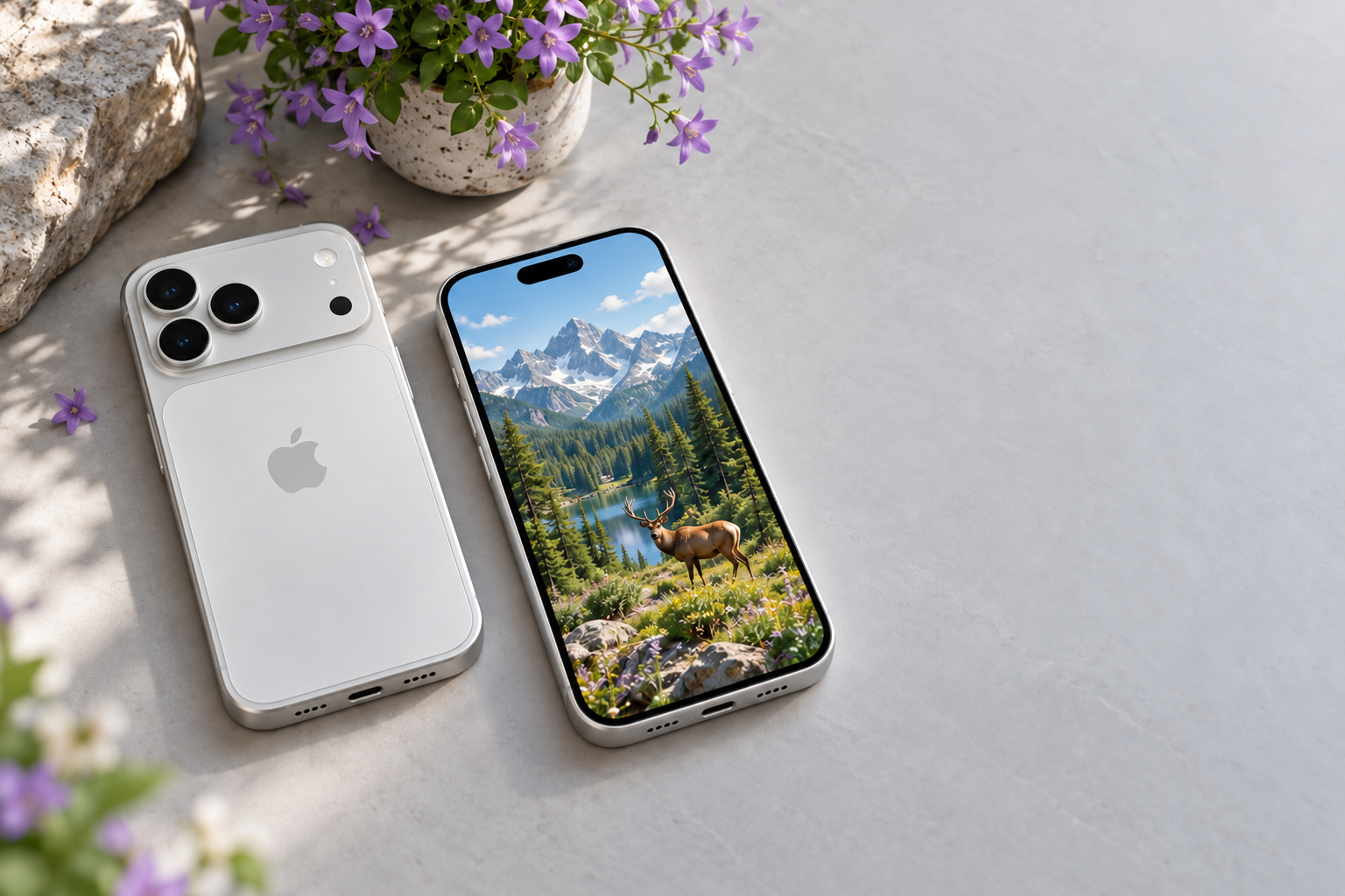 Silver smartphones and purple flowers on a light gray table